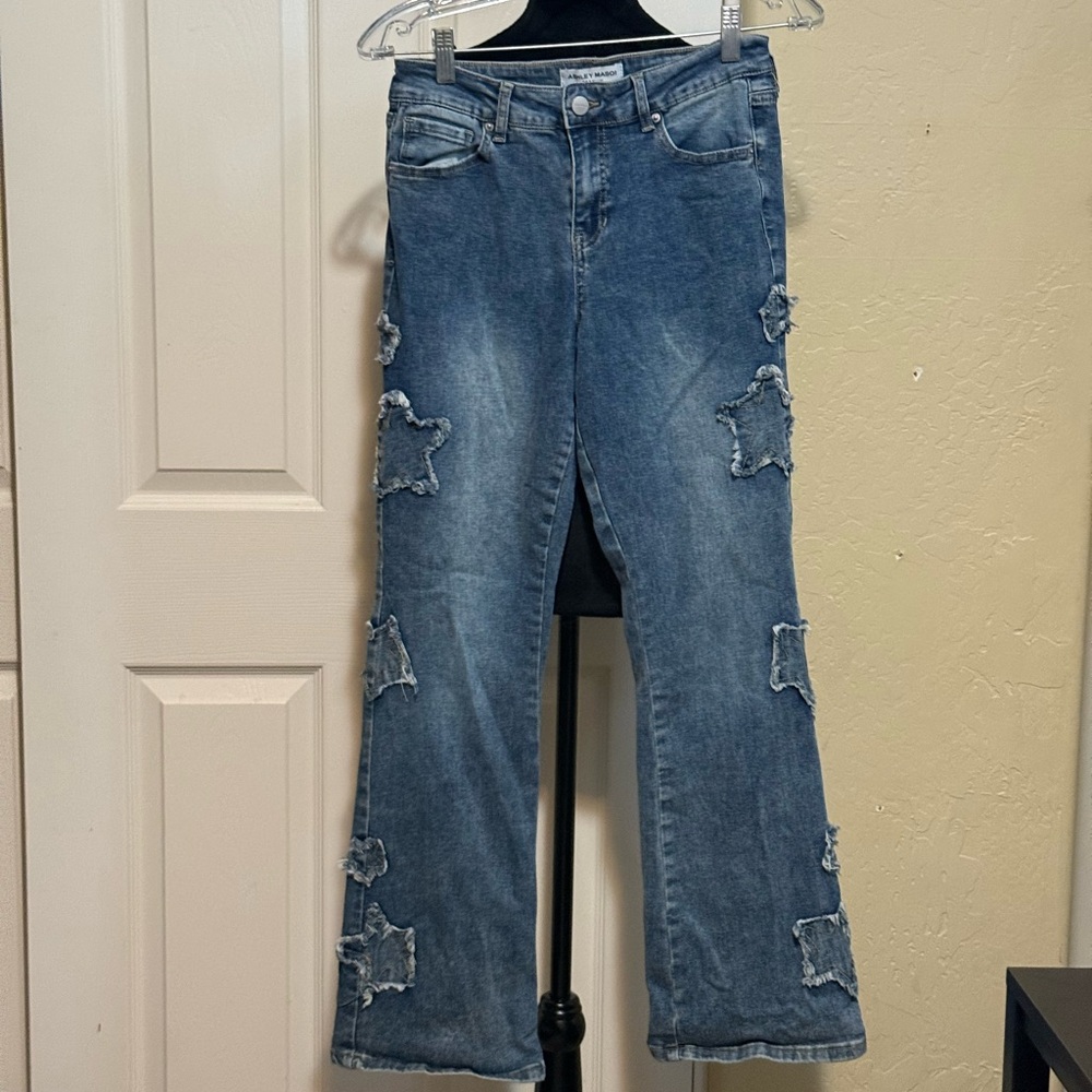 Ashley Mason Distressed Flare Jeans in Blue With Embellished Stars